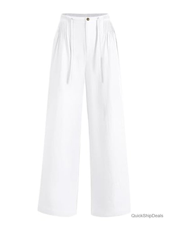 Pants - Linen Cotton Pants Wide Leg Drawstring Elastic Waist Casual Trousers with
